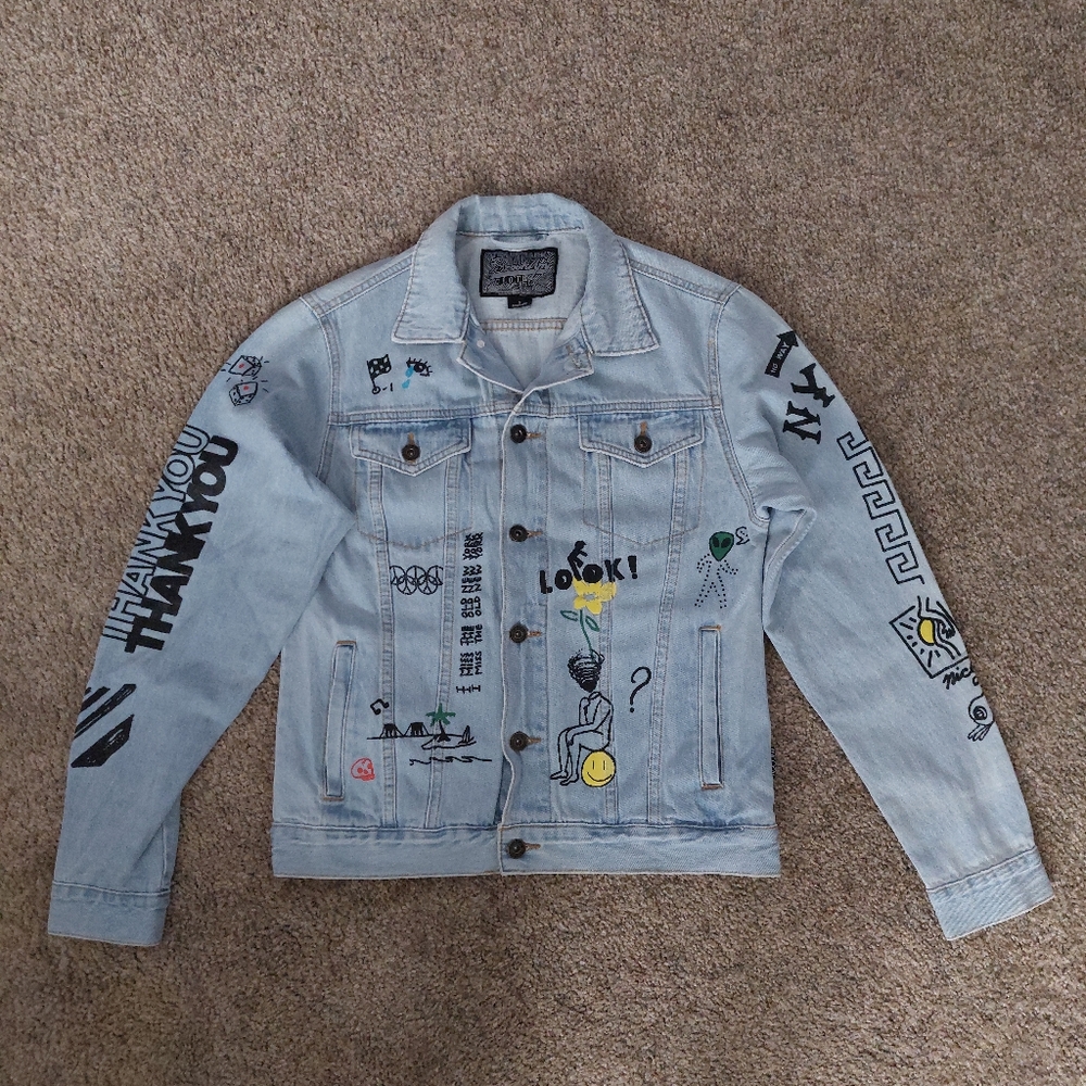 Brooklyn Cloth Womens Blue Denim Button-up Graphic Jacket Pockets Small